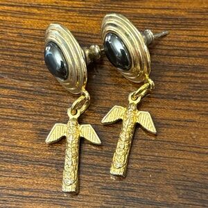 Gold-tone Dangle Cross Bird Earrings with Hematite Center